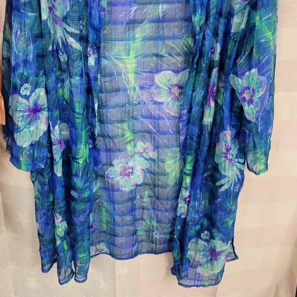 Inches Off Sheer Cover Up Floral 2X Button Up